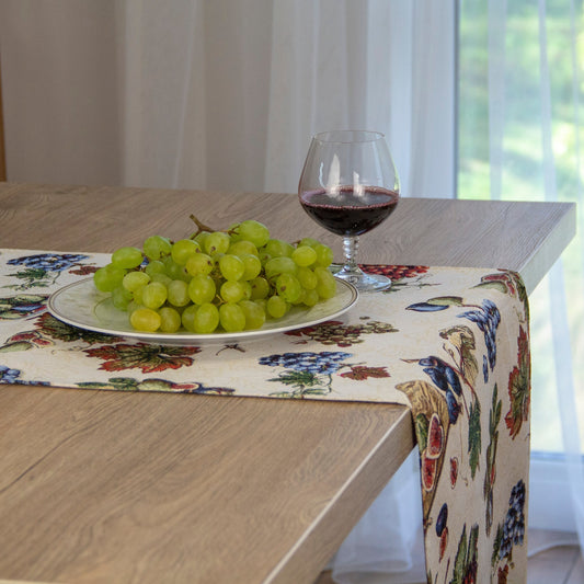 Custom Table Runner Summer with Grape Figs Fruits, Holiday Tapestry Fabric Decorative Runner on table