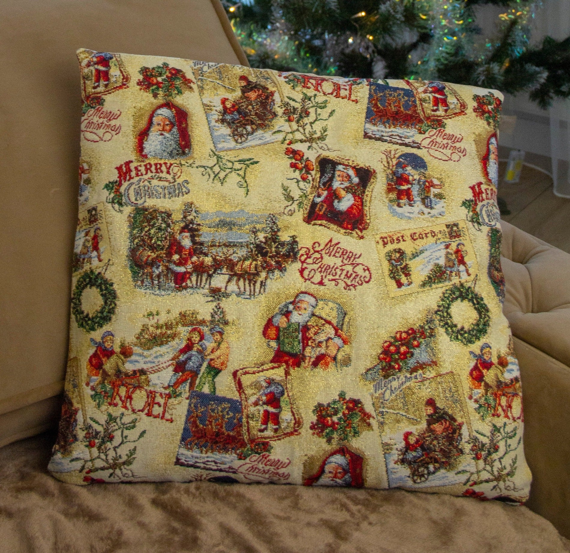 Christmas Cushion Cover Gold Decorative Pillowcase with Santa and Gold threads Double Sided