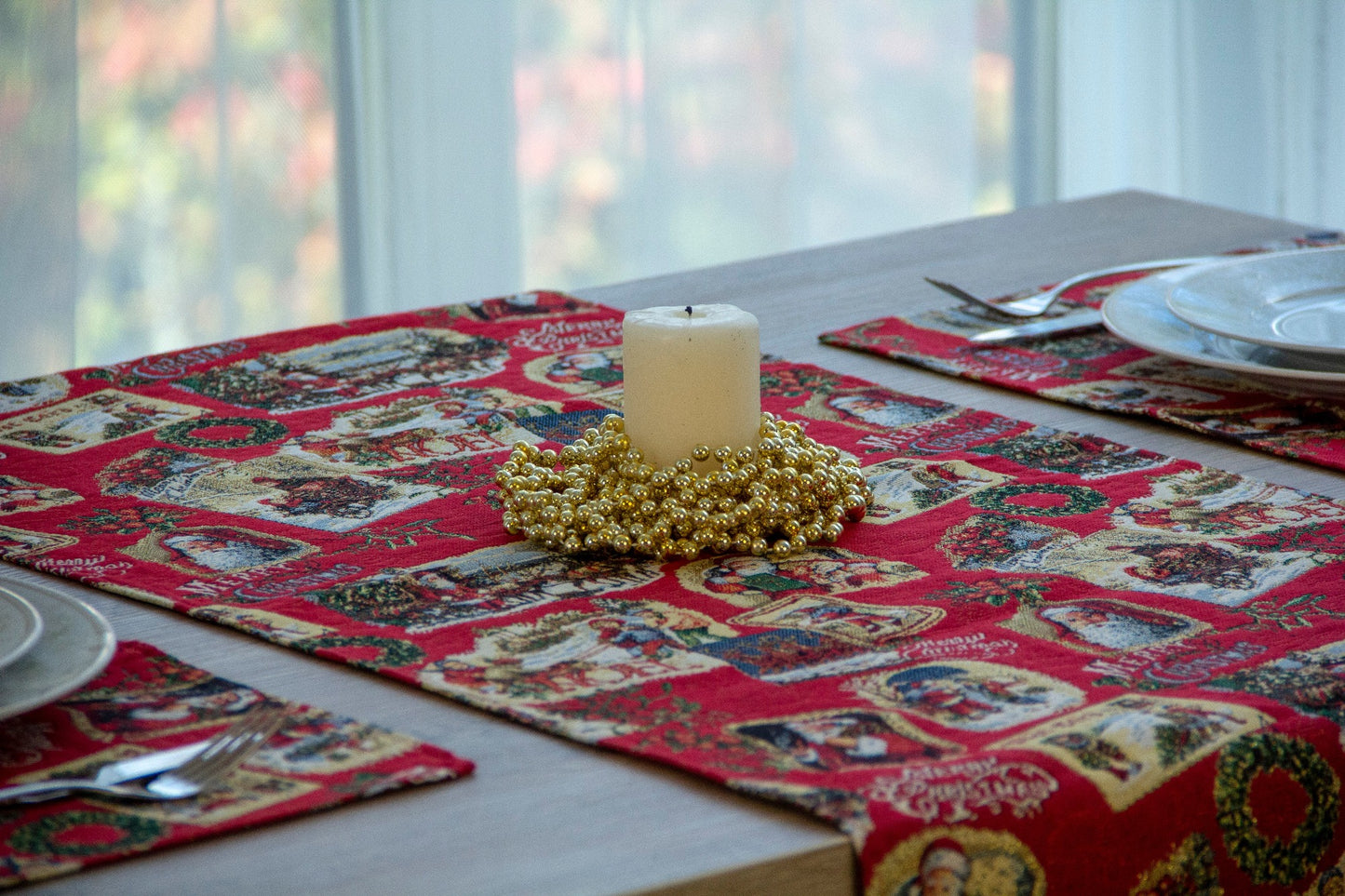 Christmas Table Runners Red with Golden Lurex, Tapestry Fabric, Rectangular Santa, and Old Pattern