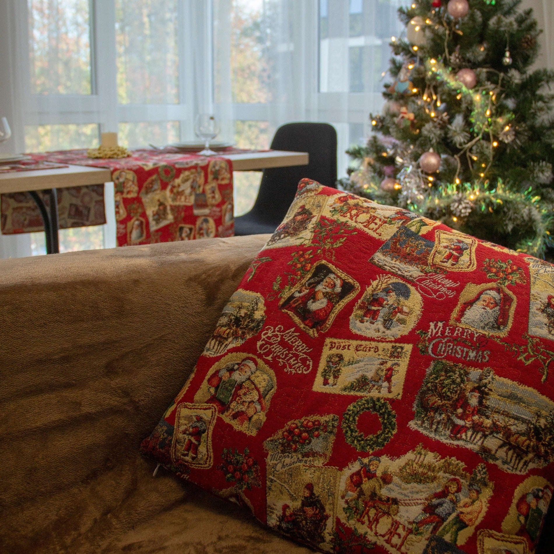 Christmas Cushion Cover Red Decorative Pillowcase with Santa and Gold threads 