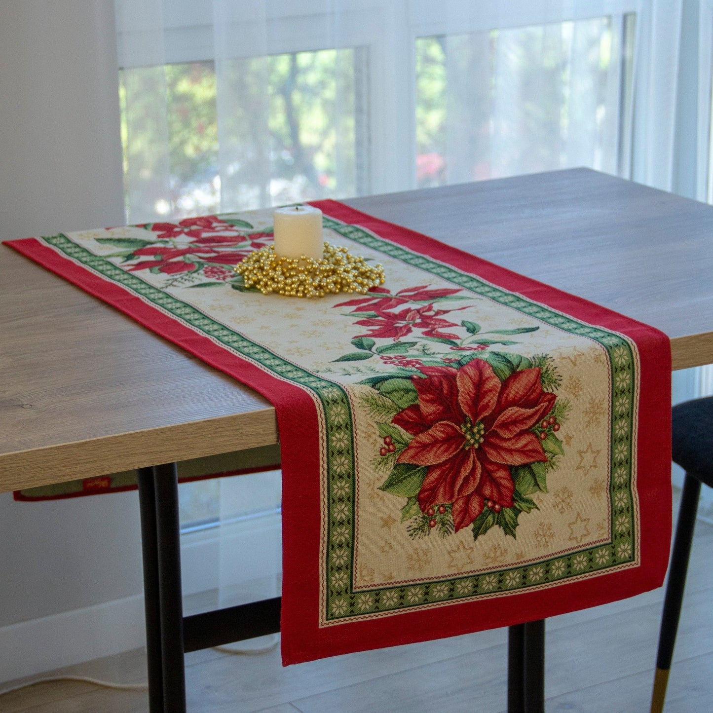 Table Runners Christmas Red Tapestry Fabric Rectangular with Poinsettia Holiday