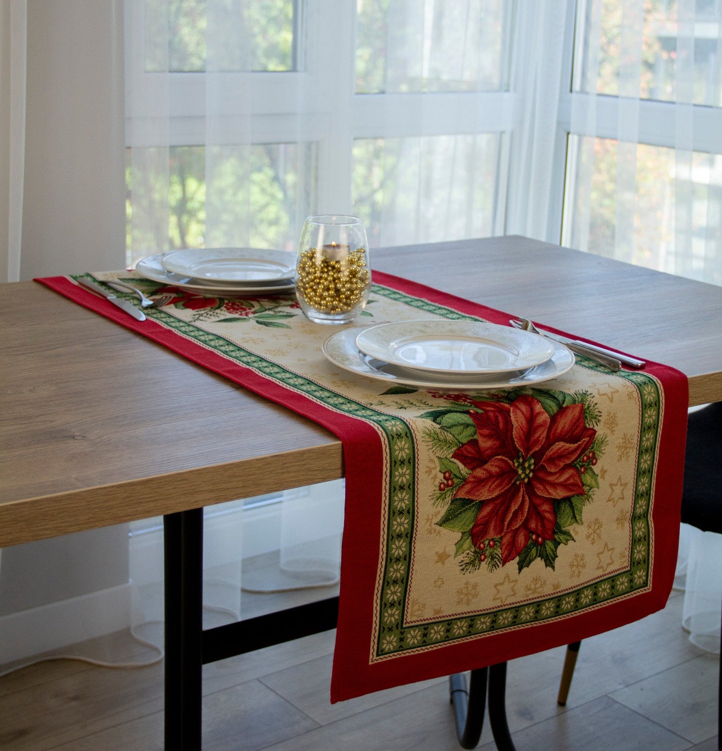 Table Runners Christmas Red Tapestry Fabric Rectangular with Poinsettia Holiday