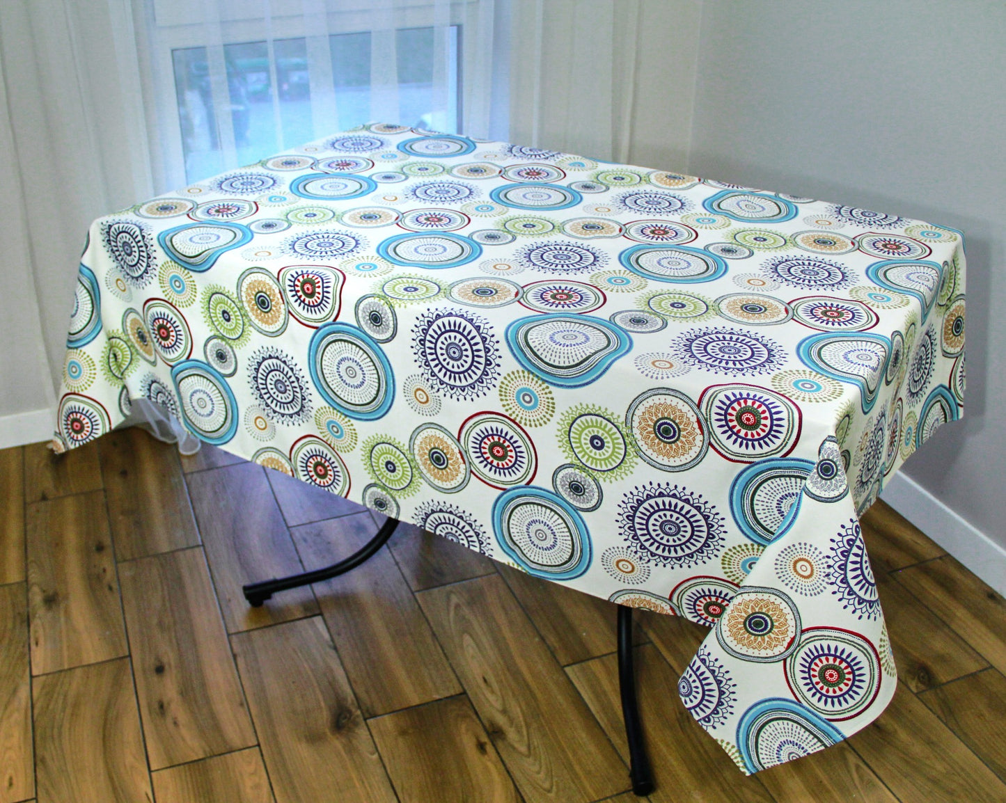 Tablecloth Waterproof Natural Fabric with Teflon coated Colorful Kaleidoscope Blue