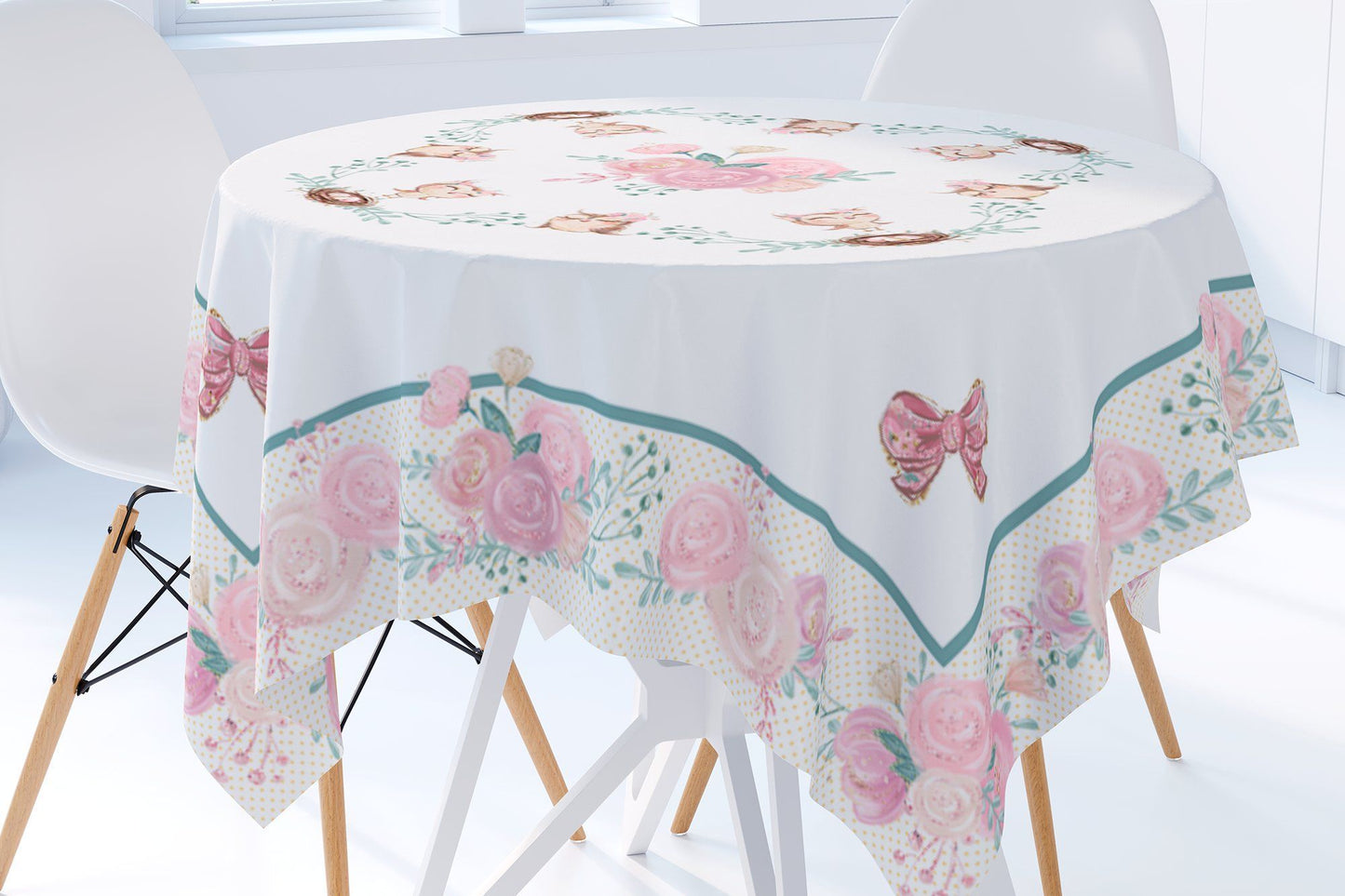 Owl Themed Tablecloths Cotton for Square or Round Table with Pink Flowers Funny Owls and Eggs Maystat 