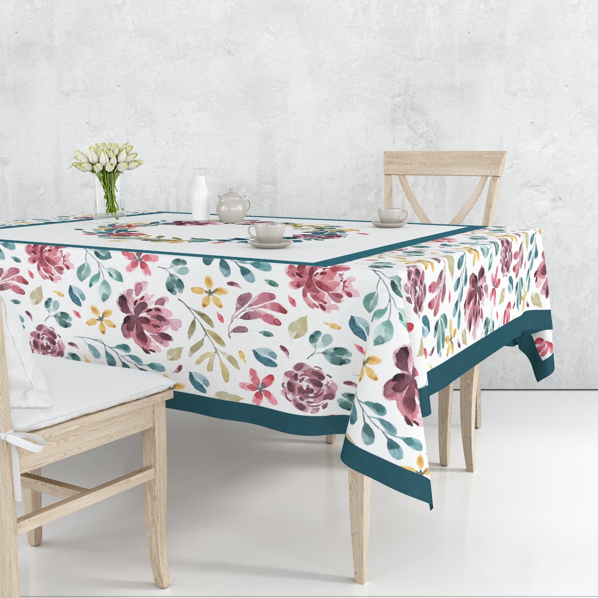 White Cloth Tablecloths Cotton with beautiful watercolor flowers and green bandeletMaystat 