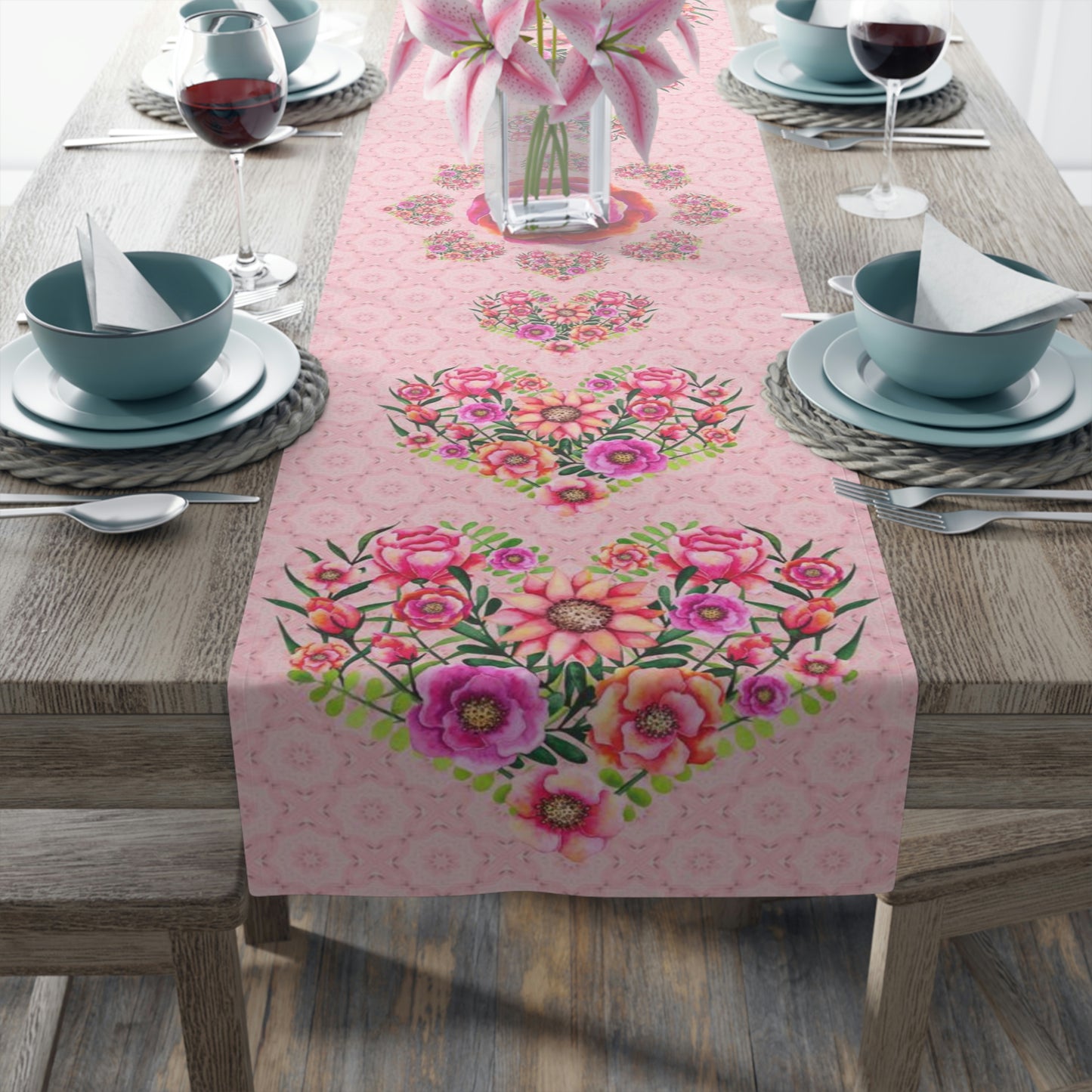 Table Runner Pink with Floral Heart Valentine's Day Gift for woman