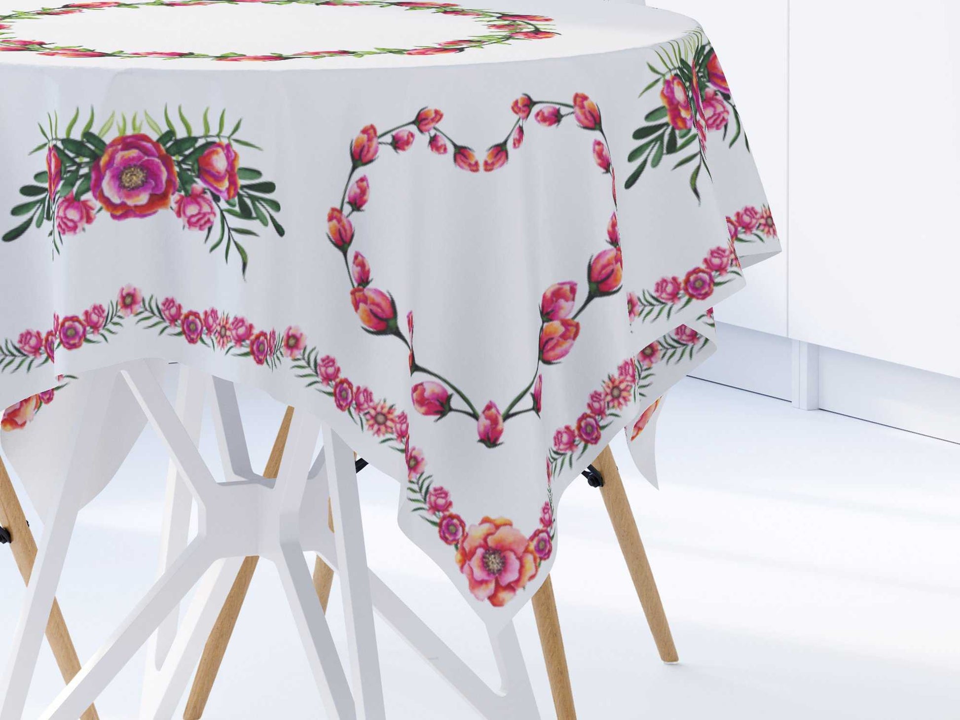 Heart tablecloths cotton white with pink flowers Maystat 