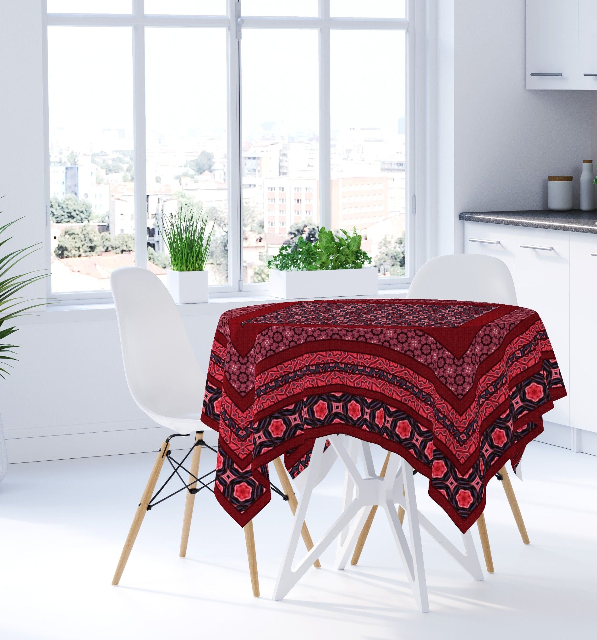 Red Cotton Tablecloths with geometric pattern for round or square tableMaystat 