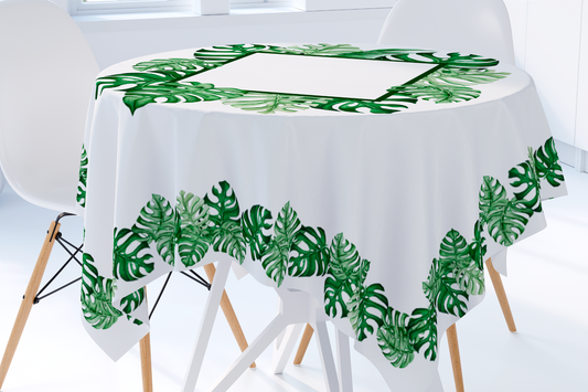 Cotton Tablecloths square "Monstera Green" White tablecloth with a green tropical pattern. Maystat 