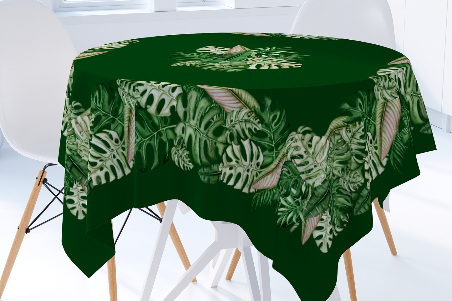 Forest green cotton tablecloth Square with Tropical Monstera Palm Leaves for Square Round Table Maystat 