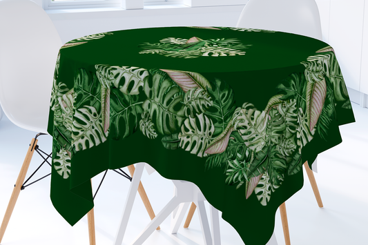 Forest green cotton tablecloth Square with Tropical Monstera Palm Leaves for Square Round Table Maystat 