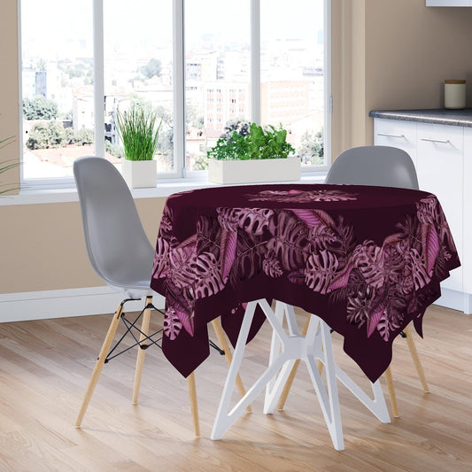 Cotton Burgundy Tablecloth Red Square with Tropical Monstera Palm Leaves