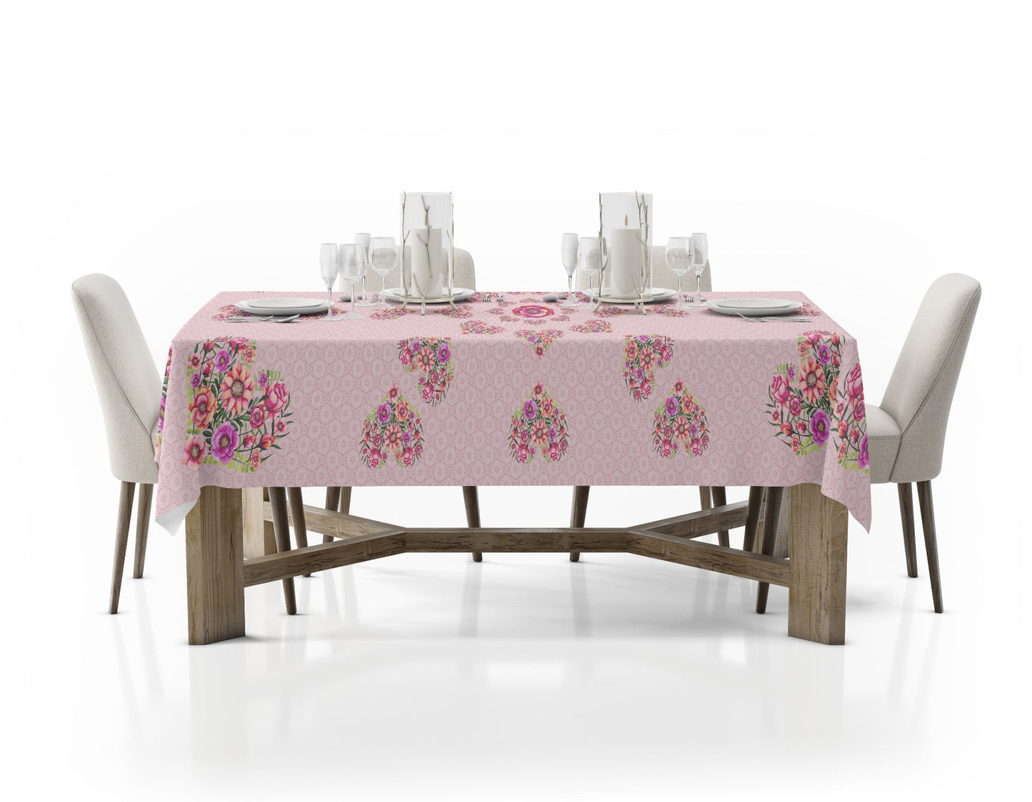 Tablecloths Square Restrangular Pink with Hearts Flowers