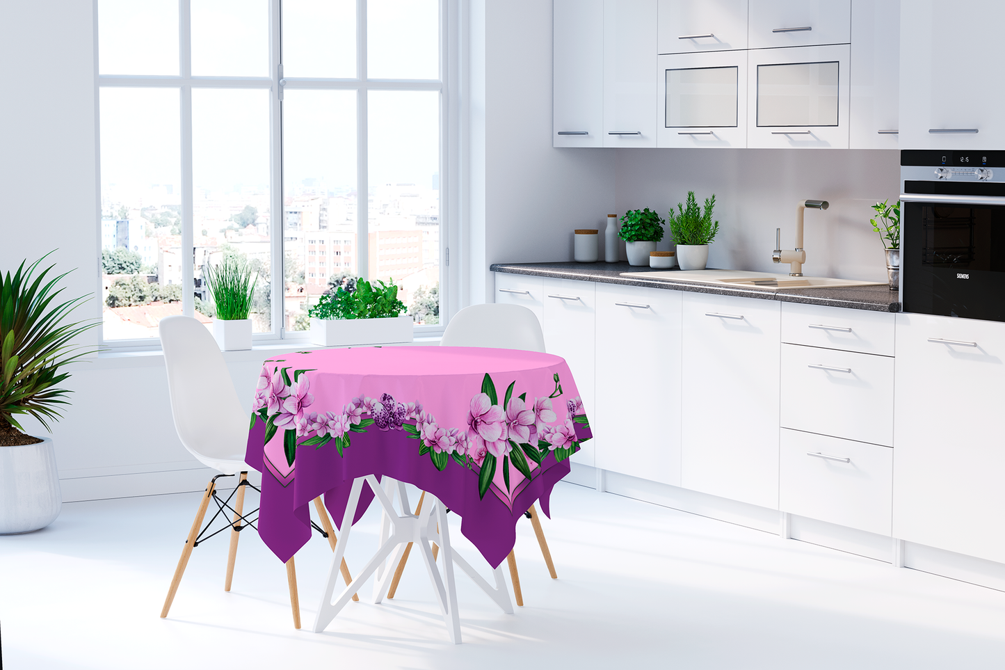 Сotton tablecloth in pink and burgundy with orchid flowers. Maystat 