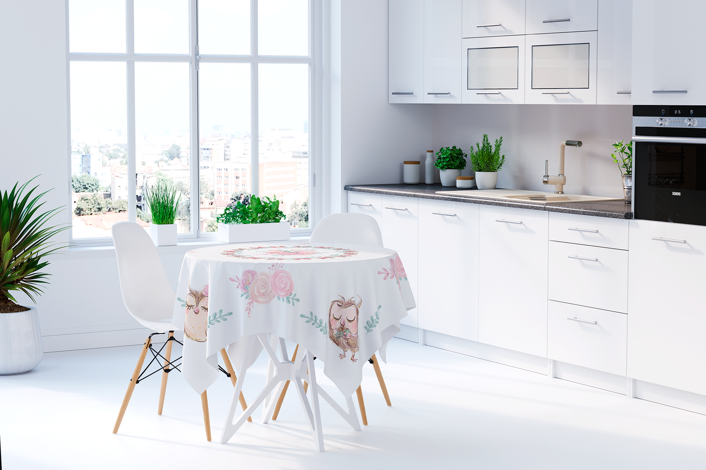 Owl themed tablecloths for Square or Round Table with Pink Flowers White Maystat 