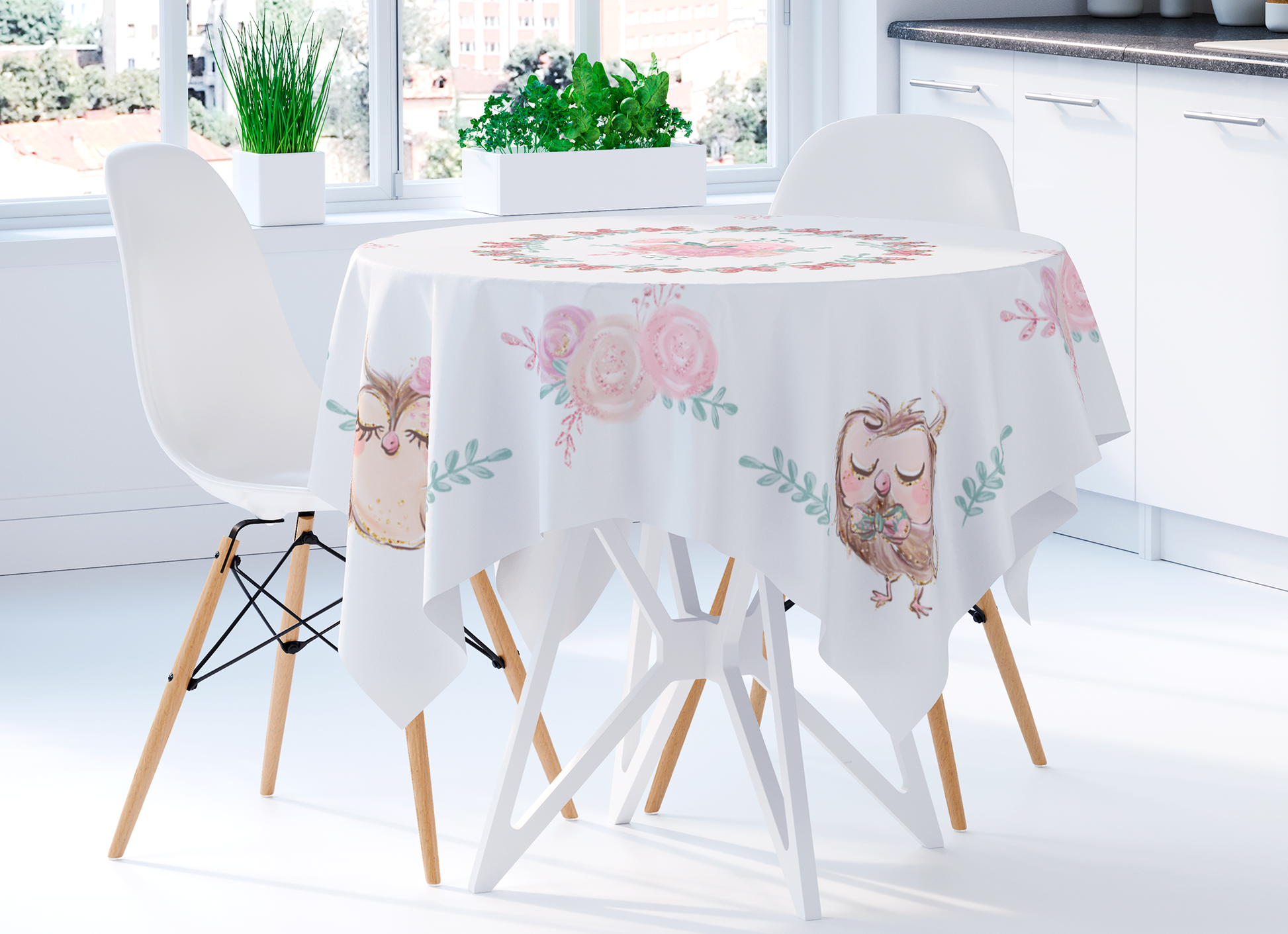 Owl themed tablecloths for Square or Round Table with Pink Flowers White Maystat 