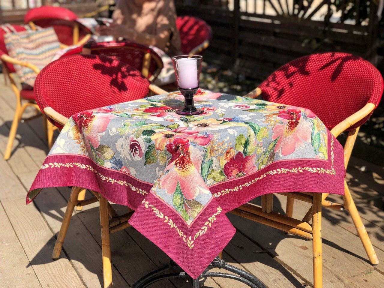 Burgundy Square Tablecloth "Flowers Aquarelle" for Rectangle Square Tables Luxury Textiles Maystat 